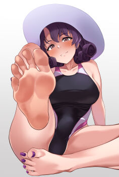 1girl barefoot black_one-piece_swimsuit blush brown_eyes competition_swimsuit feet foot_focus hat highres long_hair looking_at_viewer nishi_(count2.4) one-piece_swimsuit original purple_hair smile soles swimsuit toes two-tone_one-piece_swimsuit two-tone_swimsuit