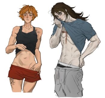 1boy 1girl abaddon_(haunted_hotel) aged_up black_tank_top blue_eyes blue_shirt boxers brown_eyes brown_hair clothes_lift clothes_pull commentary_request cowboy_shot cropped_legs cross_scar esther_freeling grey_pants groin hand_on_own_hip haunted_hotel highres korean_commentary lifting_own_clothes long_hair looking_at_viewer male_underwear orange_hair pale_skin pants pants_pull pulling_own_clothes red_shorts rickorty_08 scar scar_on_chest shirt shirt_lift short_hair shorts simple_background standing stomach sweatpants tank_top underwear white_background