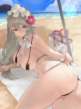 1girl absurdres alexandrina_sebastiane arm_support ass bag bare_arms bare_legs bare_shoulders beach beach_towel beach_umbrella bikini bikini_bottom_pull black_bikini blue_sky bow bowtie breasts brown_eyes closed_mouth cloud collarbone commentary cowboy_shot day flower grey_hair hair_between_eyes hair_flower hair_ornament hibiscus highres hollow_(zenless_zone_zero) horizon large_breasts lens_flare long_hair looking_at_viewer low-tied_long_hair lying maid_headdress malsuk micro_bikini navel ocean on_ground on_side outdoors pink_flower pulling_own_clothes sky smile solo stomach string_bikini swimsuit towel transparent_bag umbrella water white_bow white_bowtie zenless_zone_zero