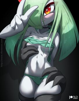 Rule 34 | 1girl, areola slip, black background, blush, breasts, colored skin, gen 3 pokemon, green hair, green panties, groping, hair over one eye, heart, heart in eye, highres, horns, kirlia, long hair, navel, nintendo, panties, pokemon, pokemon (creature), red eyes, rilex lenov, sidelocks, simple background, smile, symbol in eye, underwear, white skin