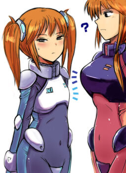 2girls ? armor averting_eyes blue_bodysuit blush bodysuit borrowed_character borrowed_design breast_envy breastplate breasts covered_navel cowboy_shot crotch_plate flat_chest gacha-m gundam gundam_zz half-closed_eyes height_difference highres large_breasts light_frown looking_at_another mecha_pilot_suit medium_hair multiple_girls normal_suit_(gundam) notice_lines orange_hair original purple_armor puru_eleven puru_four red_bodysuit shoulder_pads siblings side_ponytail sisters sweatdrop twintails white_armor