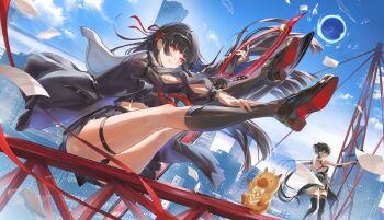 2girls ass black_dress black_hair black_panties black_socks black_thighhighs chisa_(wuthering_waves) coco_sakeko dress female_rover_(wuthering_waves) hashtag-only_commentary highres long_hair multiple_girls namipon_(wuthering_waves) panties red_eyes rover_(wuthering_waves) school_uniform socks thighhighs thighs underwear wuthering_waves