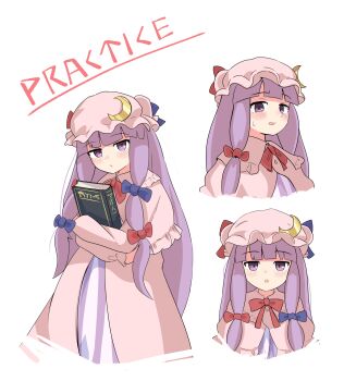 Rule 34 | 1girl, blue bow, blush, book, bow, bowtie, capelet, commentary request, crescent, crescent hat ornament, dress, hair bow, hat, hat ornament, haya s2, highres, holding, holding book, looking at viewer, mob cap, multiple hair bows, multiple views, open mouth, patchouli knowledge, pink capelet, pink dress, pink hat, purple eyes, purple hair, red bow, red bowtie, simple background, striped clothes, striped dress, sweatdrop, touhou, vertical-striped clothes, vertical-striped dress, white background