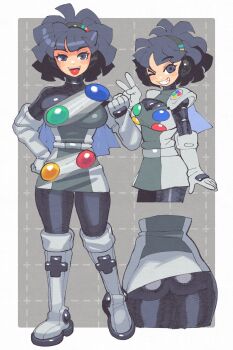 &gt;_o 1girl ass big_hair black_bodysuit black_eyes black_hair bodysuit boots breasts cleavage cleavage_cutout clenched_hand clothing_cutout dress elbow_gloves game_console gloves grey_dress grey_footwear grey_gloves grin hand_on_own_hip hand_up headphones highres inkerton-kun knee_boots large_breasts microdress multiple_views nintendo one_eye_closed open_mouth personification short_dress short_hair shoulder_pads sleeveless sleeveless_dress smile strapless strapless_dress super_famicom v