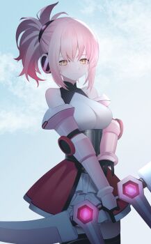 1girl absurdres bare_shoulders black_gloves bow_(weapon) breasts commentary_request commission cosmic_break gloves high_ponytail highres looking_at_viewer medium_breasts melfi migihidari_(puwako) pink_hair ponytail weapon yellow_eyes