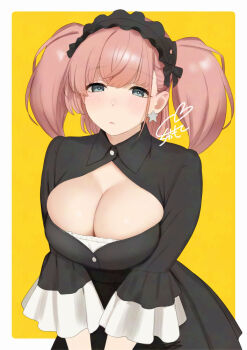 1girl alternate_costume atlanta_(kancolle) black_dress black_hairband blue_eyes blush breasts brown_hair cleavage cleavage_cutout closed_mouth clothing_cutout collared_dress commentary_request dress earrings hair_between_eyes hairband jewelry kantai_collection large_breasts lolita_hairband looking_at_viewer sakiecho signature simple_background single_earring solo star_(symbol) star_earrings two_side_up