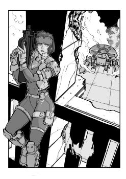 1girl 1other absurdres alexcipriano bullpup cyberpunk fuchikoma ghost_in_the_shell goggles goggles_on_head gun highres holding holding_gun holding_weapon kusanagi_motoko non-humanoid_robot p90 robot science_fiction smoke submachine_gun tactical_clothes weapon