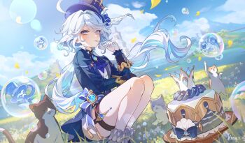 1girl absurdres ahoge ascot asymmetrical_gloves blue_ascot blue_hair blue_hat blue_jacket bubble cake cat commentary_request crown drop-shaped_pupils floating_hair food fork frilled_socks frills furina_(genshin_impact) genshin_impact gentilhomme_usher gloves hat heterochromia highres holding holding_fork jacket kheng_(k_heng1223) long_hair long_sleeves looking_at_viewer mademoiselle_crabaletta mismatched_gloves mismatched_pupils multicolored_hair outdoors shorts socks squatting surintendante_chevalmarin symbol-shaped_pupils thigh_strap top_hat twintails utensil_in_mouth vision_(genshin_impact) white_hair white_shorts