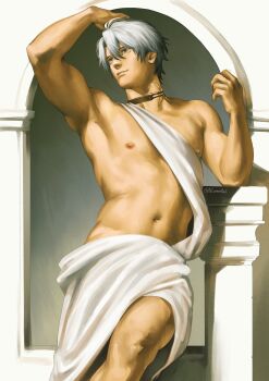 1boy arm_up armpits biceps closed_mouth feet_out_of_frame greco-roman_clothes grey_eyes grey_hair hand_up highres honkai:_star_rail honkai_(series) light_smile male_focus navel nifast_(greentail) nipples on_windowsill phainon_(honkai:_star_rail) short_hair sitting solo toga twitter_username