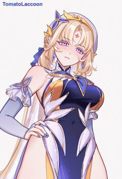 1girl bare_shoulders beret blonde_hair blue_eyes blush breasts closed_mouth dress earrings facial_mark forehead_mark frills genshin_impact hair_ribbon hand_on_own_hip hat jewelry long_hair looking_at_viewer multicolored_dress multicolored_hair nail_polish nicole_reeyn parted_bangs ribbon simple_background solo tomatolaccoon two-tone_hair very_long_hair white_background white_hair white_hat