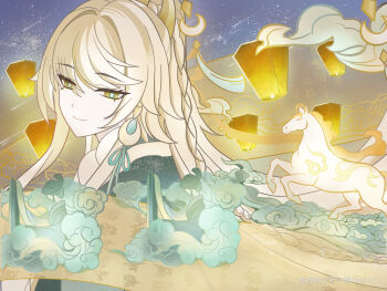 1girl absurdres blonde_hair braid chinese_commentary commentary_request crescent crescent_hair_ornament earrings fnn1013 genshin_impact hair_ornament high_ponytail highres horse jewelry lantern long_hair looking_at_viewer paper_lantern ponytail sky sky_lantern smile solo star_(sky) xiangyun yellow_eyes zibai_(genshin_impact)