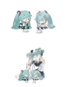 2girls absurdres aqua_bow aqua_hair aqua_necktie arm_tattoo black_skirt black_sleeves bow character_doll cheong1110 closed_eyes crossover doll dress faruzan_(genshin_impact) genshin_impact hair_bow hair_bun hair_ornament hashtag-only_commentary hatsune_miku highres long_hair multiple_girls necktie number_tattoo skirt smile tattoo twintails very_long_hair vocaloid white_background white_dress x_hair_ornament yuri