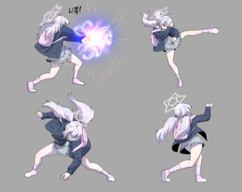 1girl absurdres ahoge attack backpack bag black_jacket blue_archive commentary_request crossed_wrists easel_(djeasel) electricity fighting_game floating_hair grey_background grey_serafuku grey_shirt grey_skirt halo highres jacket kicking korean_commentary korean_text long_hair long_sleeves low_twintails multicolored_hair multiple_views open_clothes open_jacket outstretched_arms panties panty_peek parody pink_hair pink_shoes pink_socks purple_eyes reisa_(blue_archive) school_uniform serafuku shirt shoes simple_background skirt socks sprite_sheet standing standing_on_one_leg star_halo tekken tekken_8 translation_request twintails two-tone_hair underwear uppercut v-shaped_eyebrows