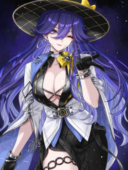 1girl black_dress black_gloves black_hat bracelet breasts cinquecento cleavage commentary_request cowboy_shot dress earrings gloves hair_between_eyes hat jacket jewelry large_breasts long_hair looking_at_viewer lucilla_(wuthering_waves) mole mole_under_eye one_eye_closed parted_lips purple_hair signature smile solo thighlet white_jacket wuthering_waves