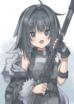 Rule 34 | 1girl, :d, absurdres, ahoge, arknights, bare shoulders, black eyes, black gloves, black hair, black jacket, blush, commentary request, fingerless gloves, fur-trimmed sleeves, fur trim, gloves, hair intakes, hair ornament, hairclip, highres, holding, jacket, la pluma (arknights), looking at viewer, medium hair, off shoulder, open mouth, partial commentary, semi colon, single fingerless glove, sleeveless, smile, solo, upper body