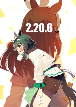 2girls absurdres almond_eye_(umamusume) amane_hikari animal_ears beret blush bow bow_hairband brown_hair brown_shorts commentary ears_through_headwear fingerless_gloves gloves green_eyes green_hair hair_between_eyes hair_ornament hairband hairclip hat highres horse_ears horse_girl horse_tail japan_cup kiseki_(umamusume) long_hair long_sleeves medium_hair multicolored_hair multiple_girls parted_lips shirt shorts streaked_hair sweat tail umamusume white_gloves white_hairband white_shirt white_streaks yellow_hat