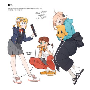 3girls aqua_hoodie black_vest blazer blonde_hair blue_eyes brown_hair burger collared_shirt crocs eating food food_on_face grey_skirt hair_over_one_eye highres hood hoodie jacket luma_(mario) mario_(series) multiple_girls nintendo open_clothes open_jacket pants pants_under_skirt pleated_skirt ponytail princess_daisy princess_peach round_eyewear sandals shirt shoes skirt sleeping_bag sneakers socks squatting ssuregigame stuffed_toy sweater_vest sweatpants vest white_shirt white_socks
