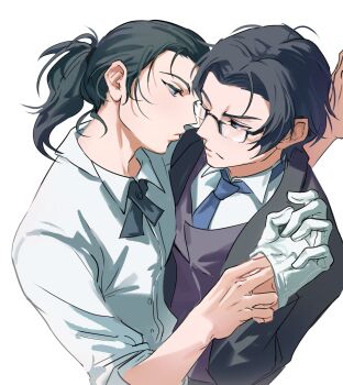 2boys absurdres black_hair blue_eyes glasses gloves haru_(no_thank_you!!!) hashtag-only_commentary highres jacket kurosawa_ryuu male_focus multiple_boys necktie no_thank_you!!!_(visual_novel) ououorz ponytail removing_glove shirt vest white_gloves white_shirt yaoi