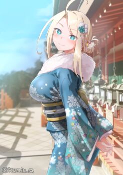 1girl alternate_costume aqua_eyes aqua_kimono architecture asymmetrical_hair bikini blonde_hair breasts commentary_request day east_asian_architecture floral_print floral_print_bikini flower from_side fur-trimmed_kimono fur_trim hair_bun hair_flower hair_ornament highres izumi_kuma japanese_clothes kantai_collection kimono large_breasts long_hair looking_at_viewer obi outdoors print_bikini sash smile solo swimsuit temple wasp_(kancolle) wide_sleeves