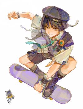 Rule 34 | 1boy, aqua necktie, beret, black footwear, full body, genshin impact, hat, highres, lic 617, male focus, necktie, official alternate costume, purple hair, scaramouche (genshin impact), shirt, shorts, simple background, skateboard, solo, vision (genshin impact), wanderer (genshin impact), wanderer (mega mgc coffee) (genshin impact), white background, white shirt, wrist cuffs, yuuya (blue scarab)