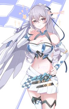 1girl absurdres breasts bronya_zaychik bronya_zaychik_(maximum_velocity) bronya_zaychik_(silverwing:_n-ex) cleavage commentary_request detached_sleeves erasumo3821 grey_eyes grey_hair highres honkai_(series) honkai_impact_3rd large_breasts long_hair looking_at_viewer midriff miniskirt navel official_alternate_costume race_flag race_queen skirt smile solo twitter_username very_long_hair white_skirt white_tail