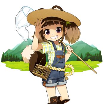 1girl animal_ears black_boots black_eyes blue_overalls boots brown_hair bug_cage butterfly_net commentary_request denim denim_overalls fake_animal_ears hand_net hat holding holding_butterfly_net meadow mountain overalls plaid_clothes plaid_shirt raccoon_ears raccoon_girl raccoon_tail shading_eyes shirt short_hair straw_hat tail tanuko teeth tree twintails uchako uchi_no_hime-sama_ga_ichiban_kawaii white_shirt