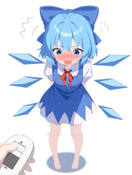 1girl 1other ^^^ absurdres aqua_hair barefoot blue_dress blue_eyes blue_ribbon blue_wings blush c-r-carlos chinese_commentary cirno collared_shirt commentary_request controller detached_wings dot_nose dress full_body hair_between_eyes hair_ribbon highres holding holding_remote_control ice ice_wings implied_vibrator loli looking_down medium_hair neck_ribbon nose_blush open_mouth pigeon-toed pinafore_dress pov pov_hands puffy_short_sleeves puffy_sleeves red_ribbon remote_control ribbon shadow shirt short_sleeves simple_background sleeveless sleeveless_dress solo_focus standing sweat toes touhou trembling v-shaped_eyebrows very_sweaty wavy_mouth white_background white_shirt wings