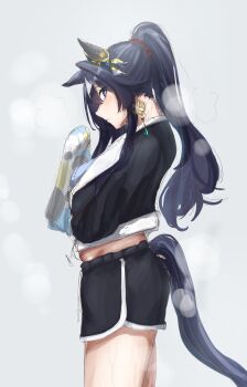 1girl absurdres animal_ears black_shirt black_shorts blue_eyes blue_hair blush breasts ear_covers from_side hair_between_eyes highres holding holding_towel horse_ears horse_girl horse_tail jime_asyl long_hair midriff_peek multicolored_hair ponytail shirt shorts single_ear_cover solo sweat tail towel umamusume verxina_(umamusume)