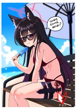 1girl absurdres animal_ear_fluff animal_ears bikini black_hair blue_archive blue_sky breasts bright_pupils brown_eyes cloud commentary day english_commentary english_text food fox_ears fox_girl hair_between_eyes halo highres holding holding_food holding_popsicle knife_sheath looking_at_viewer melissa_v2 multi-strapped_bikini_bottom navel outdoors popsicle red_bikini red_halo sheath sitting sky small_breasts smile solo speech_bubble sunglasses swimsuit thigh_sheath yukino_(blue_archive)