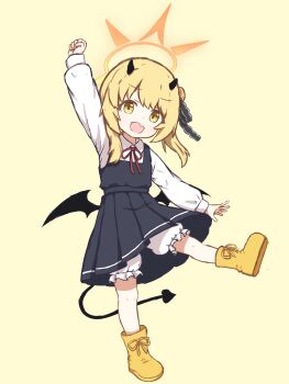 1girl :d arm_up black_dress black_ribbon bloomers blue_archive boots clenched_hand collared_shirt commentary_request demon_girl demon_horns demon_tail demon_wings dress dress_shirt fang full_body hair_ribbon halo highres horns ibuki_(blue_archive) long_sleeves low_wings medium_hair neck_ribbon no_headwear open_mouth orange_halo partial_commentary pleated_dress red_ribbon ribbon shirt sidelocks simple_background skin_fang sleeveless sleeveless_dress smile solo standing standing_on_one_leg synaaap tail twintails underwear upskirt white_bloomers white_shirt wings yellow_background yellow_boots