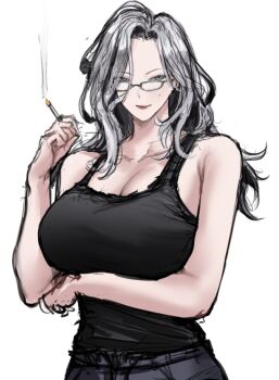 1girl arm_under_breasts bare_shoulders black_shorts black_tank_top breasts cigarette cleavage closed_mouth collarbone commentary english_commentary green-framed_eyewear green_eyes grey_eyes grey_hair hair_between_eyes hand_up highres holding holding_cigarette large_breasts lips long_hair looking_at_viewer looking_over_eyewear mole mole_on_cheek multicolored_eyes original purple_eyes red_lips shorts simple_background sketch smoke solo tank_top tsurime two-tone_eyes ulularts upper_body white_background