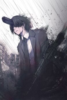 1boy absurdres assault_rifle black_jacket black_necktie black_pants black_suit business_suit chainsaw_man collared_shirt formal_clothes gun gun_devil_(chainsaw_man) handgun highres holding holding_gun holding_weapon jacket magazine_(weapon) necktie pant_suit pants rifle sakuranuts00 shirt suit suit_jacket weapon white_shirt