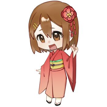 Rule 34 | 1girl, absurdres, alternate costume, beads, black sandals, brown eyes, brown hair, camellia, chibi, commentary request, eyelashes, flower, flower knot, hair beads, hair between eyes, hair flower, hair ornament, hairclip, happy, highres, hirasawa yui, japanese clothes, k-on!, kimono, long sleeves, looking ahead, obi, open mouth, parallel hairclips, purple ribbon, red flower, red kimono, ribbon, riliing, sandals, sash, short hair, simple background, sleeves past wrists, smile, socks, solo, standing, tareme, tassel, tassel hair ornament, two-tone ribbon, waist ribbon, white background, white socks, wide sleeves, yellow ribbon, yellow sash, yukata, zouri