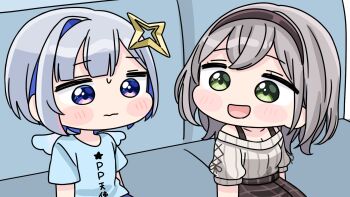 2girls :d amane_kanata blue_hair blue_shirt blue_wings blush_stickers breasts brown_hairband chibi cleavage closed_mouth clothes_writing commentary_request couch green_eyes grey_hair grey_sweater hairband highres hololive medium_breasts mochimiko multicolored_hair multiple_girls off-shoulder_sweater off_shoulder on_couch open_mouth purple_eyes ribbed_sweater shirogane_noel shirogane_noel_(casual) shirt short_sleeves single_hair_intake sitting smile sweater two-tone_hair virtual_youtuber white_wings wings