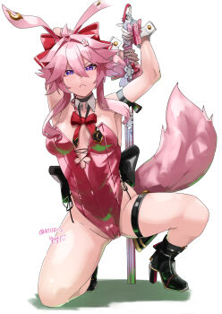 Rule 34 | 1girl, 810d12, absurdres, animal ears, back bow, black boots, boots, bow, bowtie, breasts, cameltoe, commentary, detached collar, evanescia (honkai: star rail), fox ears, fox girl, fox tail, hair between eyes, hair bow, high heels, highres, holding, holding stick, honkai: star rail, honkai (series), leotard, looking at viewer, measuring stick, medium breasts, on one knee, pink hair, playboy bunny, purple eyes, red bow, red bowtie, red leotard, solo, stick, strapless, strapless leotard, tail, thigh strap, wrist cuffs