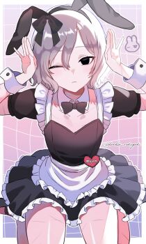 1boy alternate_costume androgynous animal_ear_hairband animal_ears apron bags_under_eyes black_dress black_eyes crossdressing crossdressing_(mtf) detached_collar dress dungeon_meshi elf enmaided fake_animal_ears frilled_apron frills grey_hair hair_ribbon hairband heart highres kanae_(doodle_rakugaki) looking_at_viewer maid maid_apron male_focus male_maid mithrun multiple_scars notched_ear one_eye_closed pointy_ears puffy_sleeves rabbit_ear_hairband rabbit_ears rabbit_pose ribbon scar short_hair sitting solo trap twitter_username waist_apron wariza white_apron wrist_cuffs