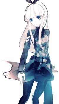 1girl :o belt black_ribbon blue_eyes blue_jacket blue_pants blunt_bangs bow commentary_request hair_ribbon highres jacket long_hair long_sleeves military_uniform original pants pantyhose portrait ribbon riuichi simple_background standing straight_hair white_background white_hair