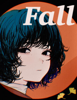 1girl :| autumn autumn_leaves black_eyes blue_hair closed_mouth commentary commentary_request english_commentary highres leaf looking_at_viewer mole mole_under_mouth okubatomaeba orange_background original partial_commentary portrait short_hair solo