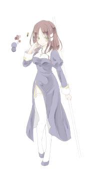 1girl blush breasts brown_hair closed_mouth color_guide cross cross_necklace dress full_body garter_straps grey_dress grey_shoes hand_in_own_hair highres holding holding_staff jewelry juliet_sleeves long_sleeves looking_at_viewer medium_breasts medium_hair necklace priest_(ragnarok_online) puffy_sleeves ragnarok_online satsuki_yui shoes side_slit simple_background smile solo staff standing thighhighs white_background white_thighhighs yellow_eyes