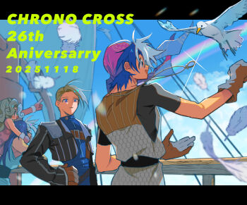 1girl 3boys amulet anniversary armor bandana bird black_border black_jacket blonde_hair blue_eyes blue_hair blue_shirt boat border brown_gloves carrying chainmail chrono_cross commentary_request copyright_name cropped_jacket curly_hair dated falling_feathers feathers gloves hand_on_own_hip jacket karsh_(chrono_cross) leah_(chrono_cross) letterboxed long_hair male_focus military_jacket multiple_boys norris_(chrono_cross) on_boat open_mouth piggyback pointing rainbow red_bandana serge_(chrono_cross) shirt short_hair smile watercraft yui_(marine-drive)
