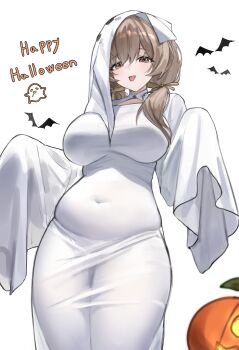 1girl 808_0 absurdres bat_(animal) belly bready_(nikke) breasts brown_eyes brown_hair ghost_costume goddess_of_victory:_nikke halloween halloween_costume happy_halloween highres large_breasts plump sheet_ghost simple_background white_background