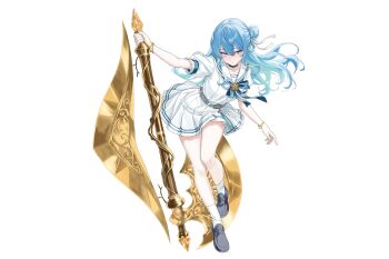 1girl 666girimekara absurdres alternate_hair_length_(longer) axe battle_axe belt blue_belt blue_bow blue_bowtie blue_choker blue_eyes blue_hair bow bowtie breasts brooch choker commentary_request dress floating_clothes floating_hair gold_weapon hair_between_eyes hair_bun highres holding holding_weapon hololive hoshimachi_suisei hoshimachi_suisei_(sailor) huge_weapon jewelry long_hair looking_at_viewer official_alternate_costume official_alternate_hairstyle pleated_dress puffy_short_sleeves puffy_sleeves sailor_collar school_uniform serafuku shirt short_sleeves simple_background single_side_bun skirt small_breasts socks solo star_(symbol) star_brooch star_in_eye symbol_in_eye thighs virtual_youtuber weapon white_background white_dress white_sailor_collar white_serafuku white_socks