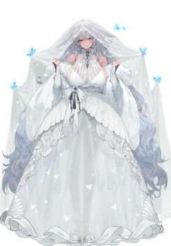 1girl absurdly_long_hair absurdres alternate_costume animal_ears artist_name azur_lane bare_shoulders blue_butterfly blue_eyes bow breasts bridal_veil bride bug butterfly choker cleavage closed_mouth dark-skinned_female dark_skin dishwasher1910 double-parted_bangs dress empire_waist facing_viewer floppy_ears fox_ears fox_girl full_body garter_straps gown grey_hair halter_dress halterneck hands_up highres insect large_breasts layered_dress long_hair long_sleeves long_veil looking_at_viewer looking_to_the_side mandarin_collar no_tail parted_lips revision see-through_clothes see-through_dress see-through_veil shawl shinano_(azur_lane) sideboob simple_background smile solo standing tan translucent veil very_long_hair w_arms waist_bow wedding_dress white_background white_bow white_choker white_garter_straps white_shawl