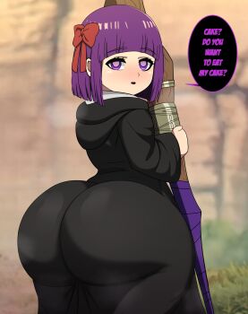 1girl absurdres age_difference aged_down ass ass_focus blush cowboy_shot dress english_text expressionless female_focus fern_(sousou_no_frieren) from_behind hair_ornament hair_ribbon highres holding holding_staff huge_ass kibou-kage kyojiri_loli loli looking_at_viewer medium_hair purple_eyes purple_hair ribbon solo sousou_no_frieren speech_bubble staff standing steam steaming_body thighs