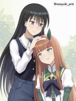 2girls absurdres animal_ears aqua_eyes azumanga_daiou bird black_hair black_vest blunt_bangs brown_hair closed_mouth crossover day ear_covers hairband hand_on_another's_head head_tilt height_difference highres horse_ears layered_sleeves light_blush long_hair long_sleeves multiple_girls naoyuki_arts outdoors pants parrot purple_hair sakaki_(azumanga_daioh) shirt short_over_long_sleeves short_sleeves silence_suzuka_(umamusume) smile umamusume very_long_hair vest white_shirt