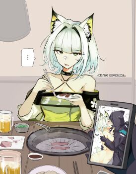 Rule 34 | ..., 1girl, 1other, absurdres, ambiguous gender, animal ear fluff, animal ears, arknights, bare shoulders, beer mug, black coat, black gloves, cat ears, cat girl, cellphone, chopsticks, coat, collarbone, commentary, cup, doctor (arknights), dress, food, gloves, green dress, green eyes, green hair, grill, highres, holding, holding chopsticks, holding phone, holding plate, hood, hood up, hooded coat, implied sex, indoors, kal'tsit (arknights), kiss, layton (sanlayton), looking at viewer, material growth, meat, mug, open mouth, oripathy lesion (arknights), phone, plate, pov, remembering, sitting, smartphone, spoken ellipsis