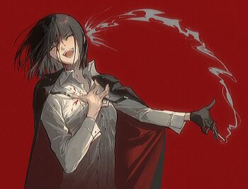 1girl black_coat black_gloves black_hair blood blood_on_clothes blood_on_face bob_cut cigarette closed_eyes coat coat_on_shoulders collared_shirt g7cdpdto2i6hot6 gloves hand_up holding holding_cigarette laughing limbus_company open_mouth project_moon ryoshu_(project_moon) shirt short_hair sidelocks smile smoke solo