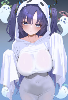 1girl absurdres animal_ear_headphones animal_ears aqua_halo aris_(blue_archive) bine_kun blue_archive blue_eyes blue_hair blush breasts cat_ear_headphones cat_ears commentary covered_navel fake_animal_ears game_development_department_(blue_archive) ghost ghost_costume ghost_pose green_halo hair_ornament halloween halloween_costume halo head_tilt headphones highres large_breasts long_hair looking_at_viewer midori_(blue_archive) momoi_(blue_archive) naked_costume orange_halo pink_halo sheet_ghost solo solo_focus tight_clothes triangle_hair_ornament two_side_up yuuka_(blue_archive) yuzu_(blue_archive)