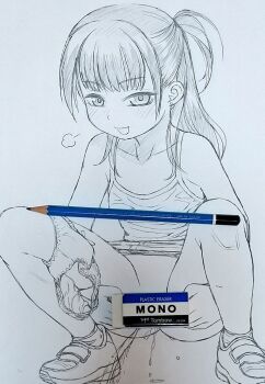 1girl ankle_socks art_tools_in_frame bare_shoulders blush breasts camisole censored collarbone convenient_censoring ebifly eraser graphite_(medium) hands_on_own_thighs loli long_hair looking_at_viewer one_side_up open_mouth original panties panties_around_leg pee peeing pencil photo_(medium) shoes sidelocks simple_background small_breasts smile socks solo squatting thighs traditional_media underwear white_background