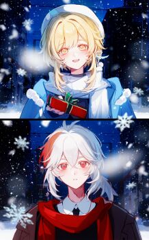 1boy 1girl absurdres ahoge blonde_hair genshin_impact gift highres holding holding_gift hoxino kaedehara_kazuha lumine_(genshin_impact) necktie open_mouth red_eyes red_scarf scarf snow snowflakes snowing split_screen yellow_eyes